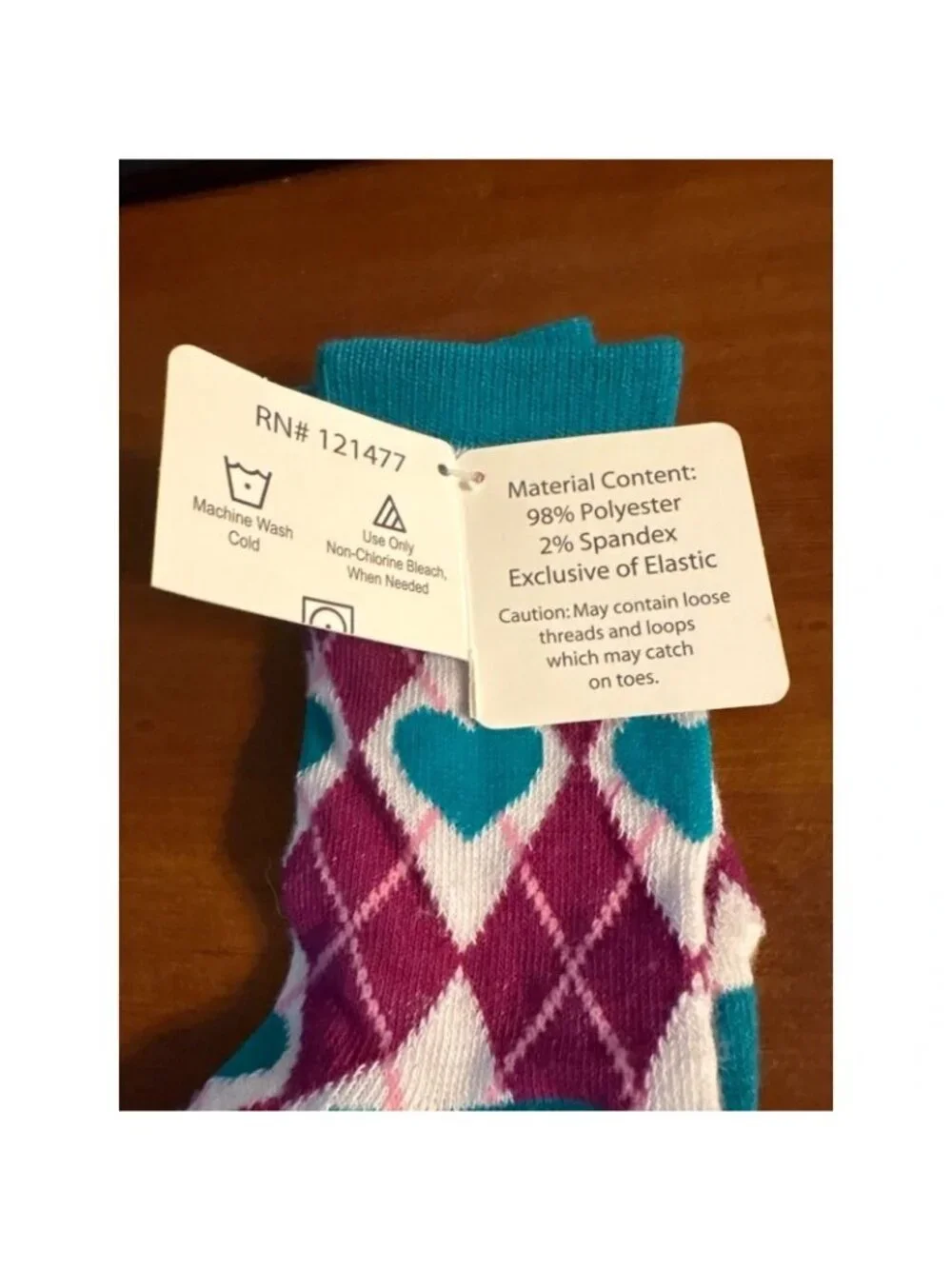Girls Socks 7-8.5 Teal & Purple Argyle Heart Pattern Polyester Blend Horizon Gro